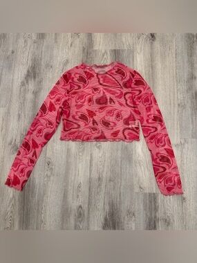 Pink Heart Print Sheer Mesh Long Sleeve Crop Top Size XL Y2K